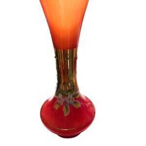 Vintage Red/Orange Bohemian Hand Painted Gold Trimmed Floral Vase 7" Inches